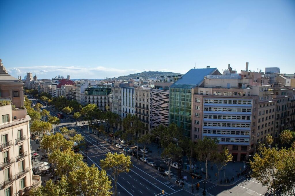 aerial view of the Casa Milà and other buildings in Passeig de Gràcia, Barcelona, Spain