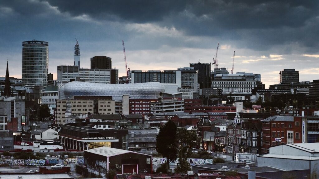 moody aerial shot of Birmingham buildings