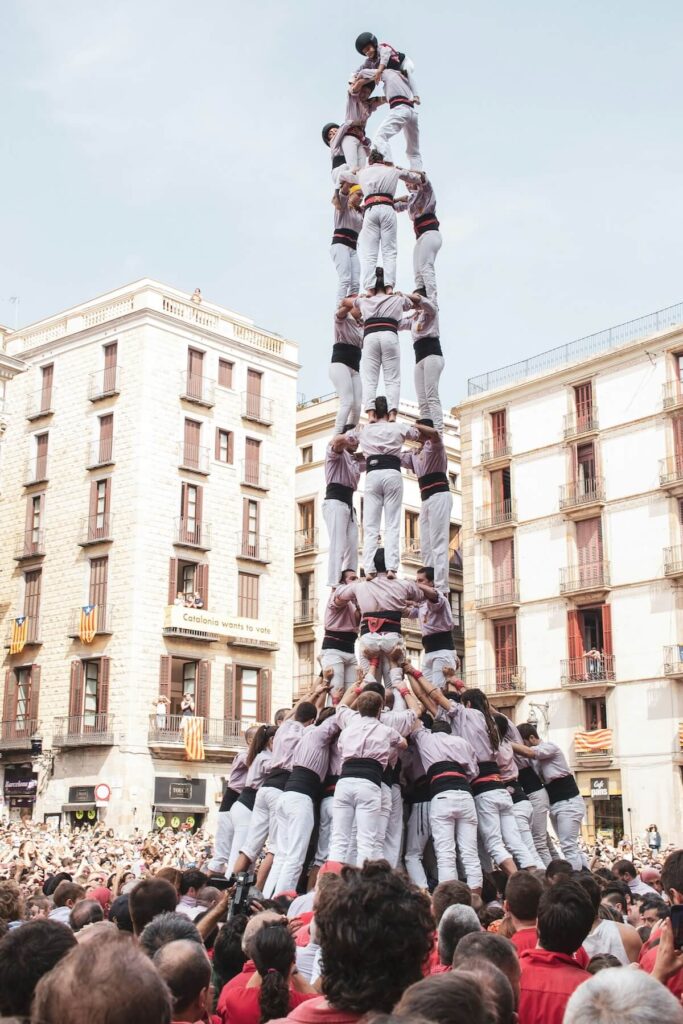 human tower (castell) in the municipality square, made during the Festival de la Mercè
