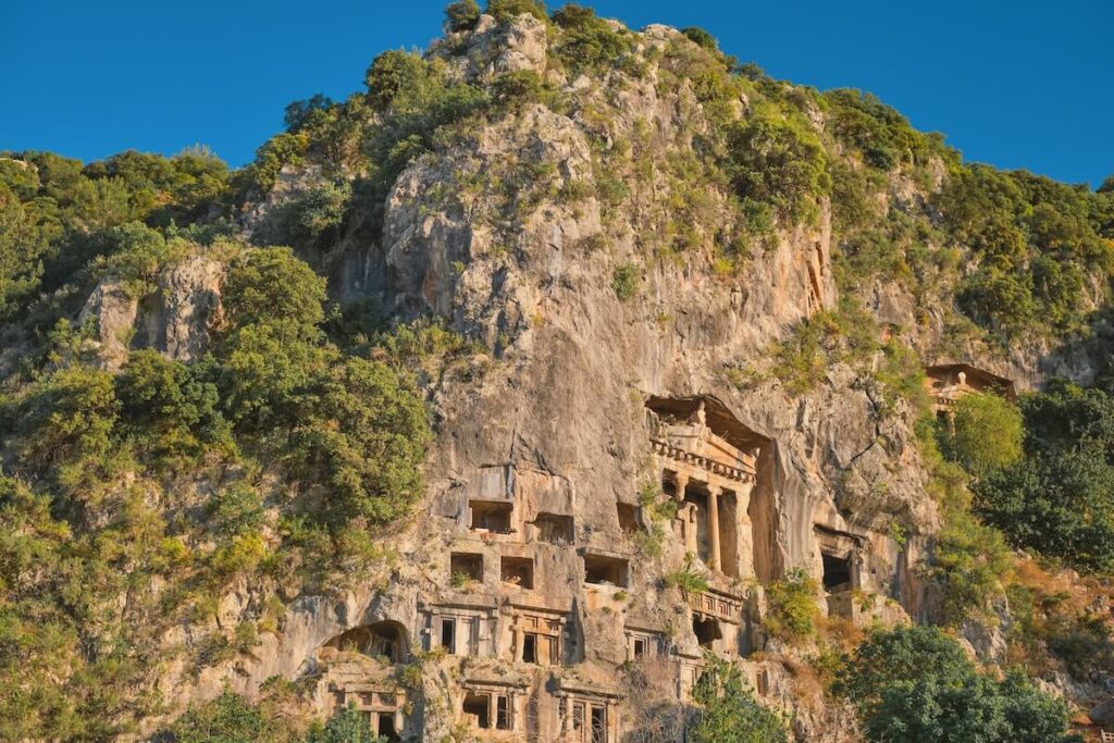 Lycian rock tombs in the city of Fethiye on the Aegean coast of Turkey