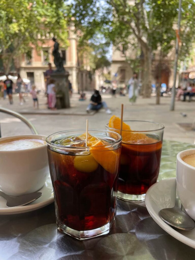 two glasses of vermut in an outdoor cafe in Barcelona