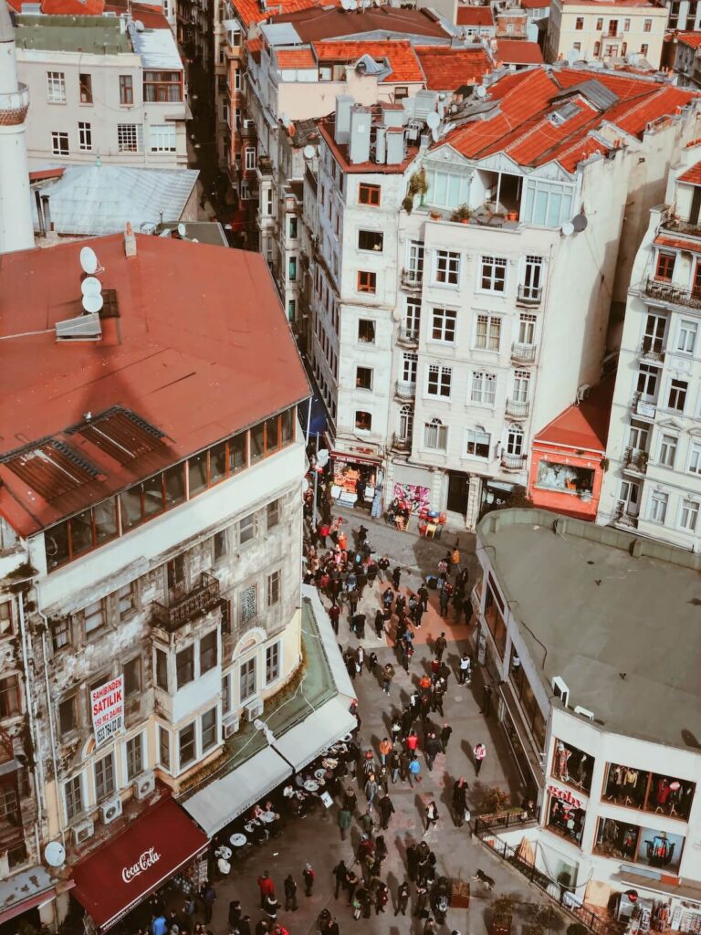 Vibrant Beyoğlu street view in Istanbul showcasing lively pedestrian activity from above
