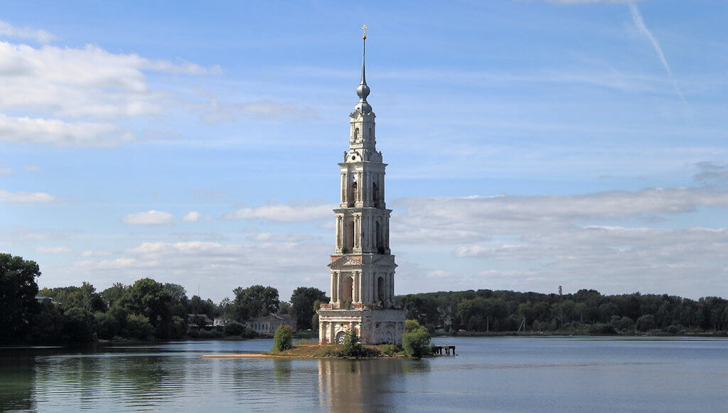The belfry of the cathedral in the underwater city of Kalyazin