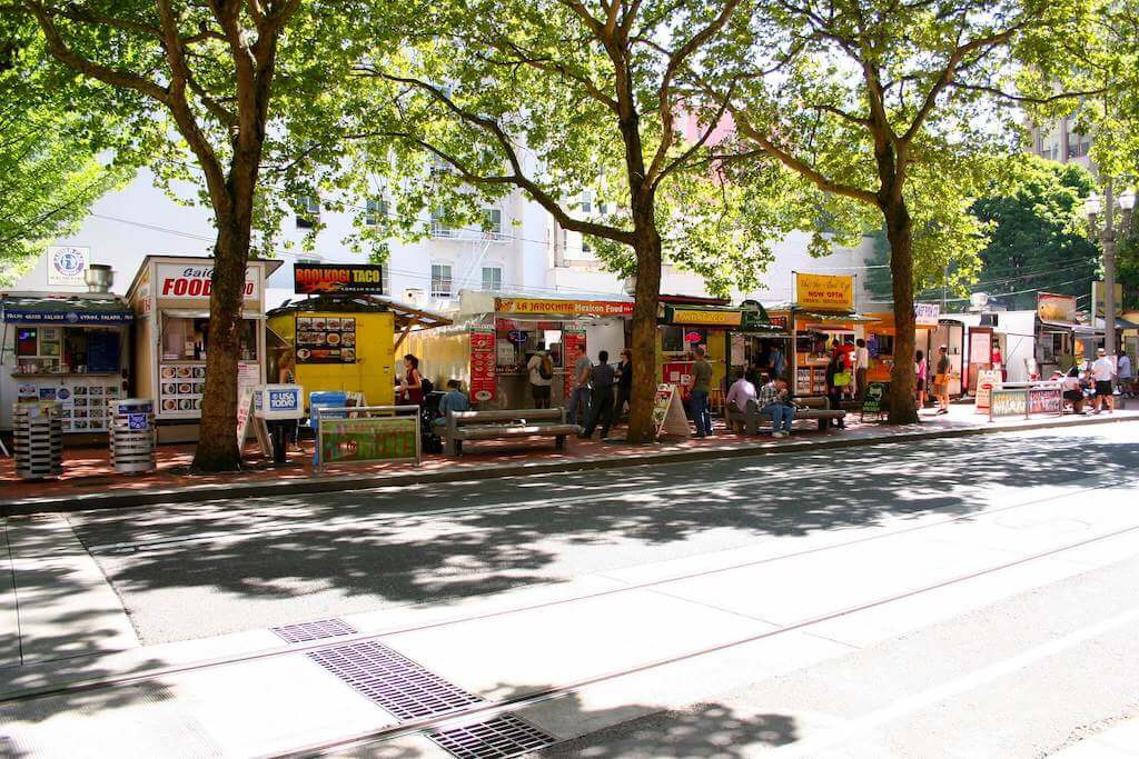 Food carts along the street in Portland