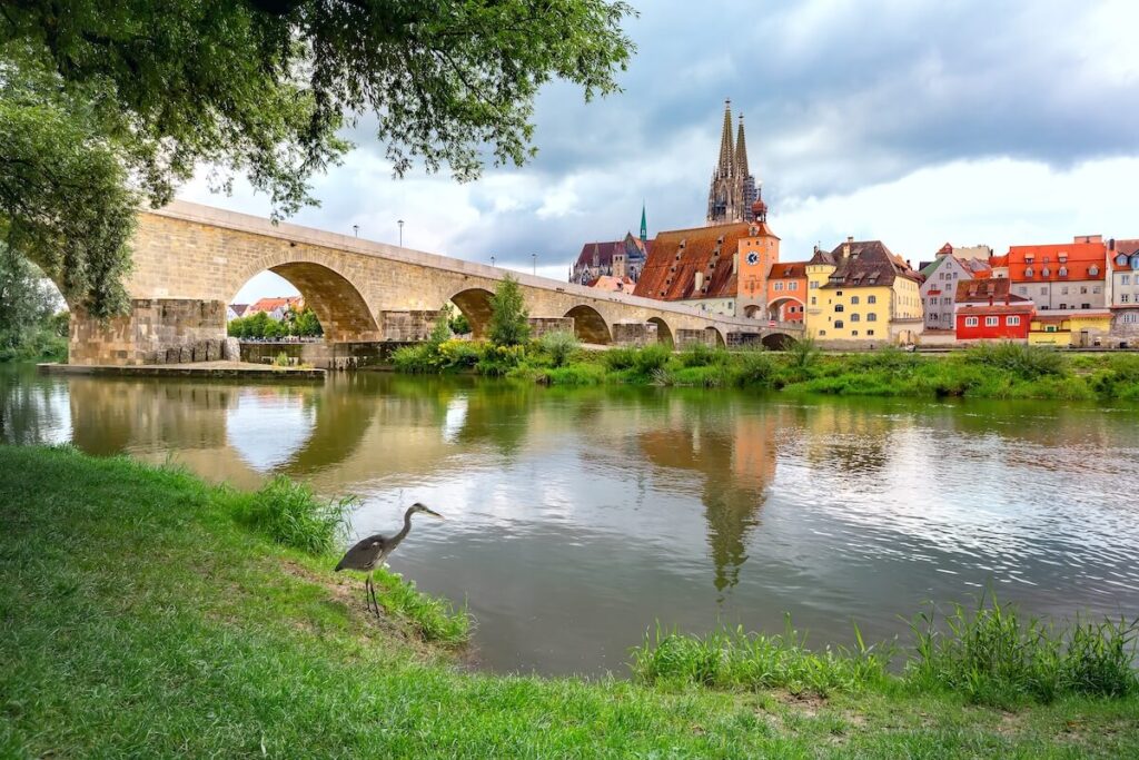 Panorama of Stone Bridge, Cathedral and Old Town of Regensburg, eastern Bavaria, Germany