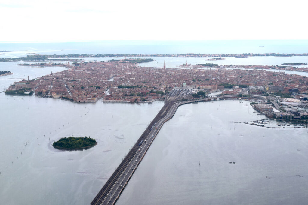 Railroad Bridge across the lagoon leading to Venice, Italy