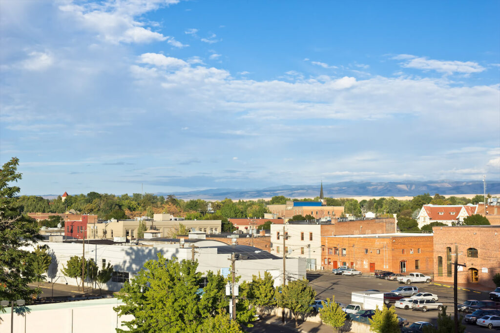 View of the small city Walla Walla in Eastern Washington during sunset.