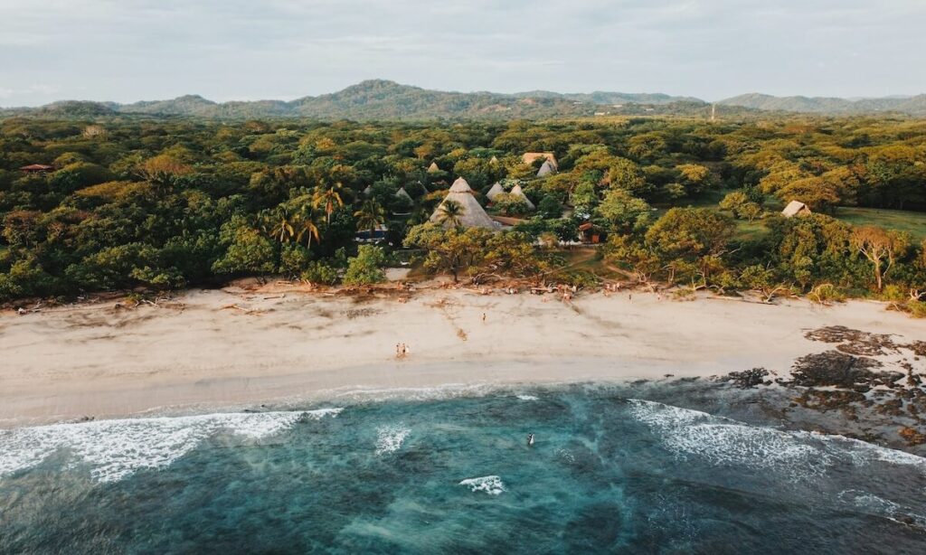 aerial shot of beach and forest in Costa Rica