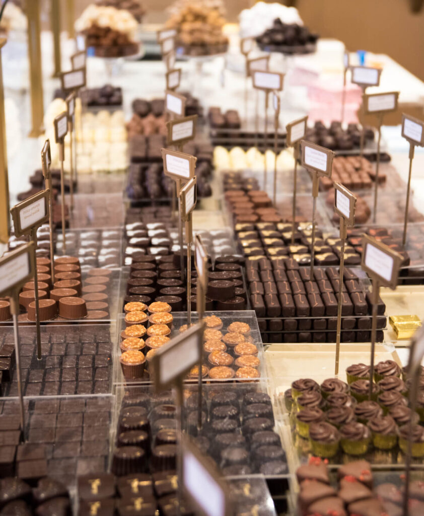 Selection of chocolate in a row, shop in Belgium