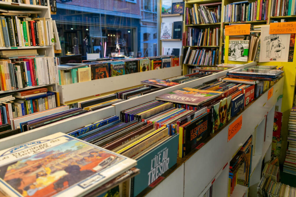 Inside interior of a comic book store in Belgium