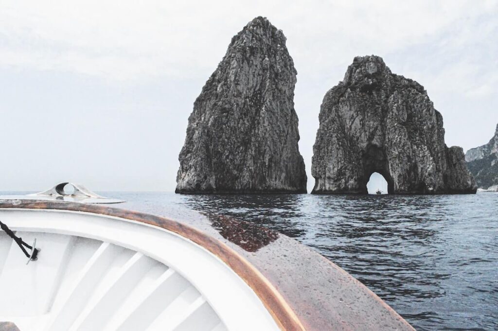 Faraglioni (I Faraglioni) stacks, a coastal and oceanic rock formation eroded by waves