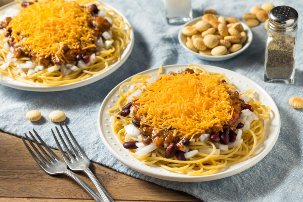 Homemade Cincinnati Chili Spaghetti with Cheese and Onion