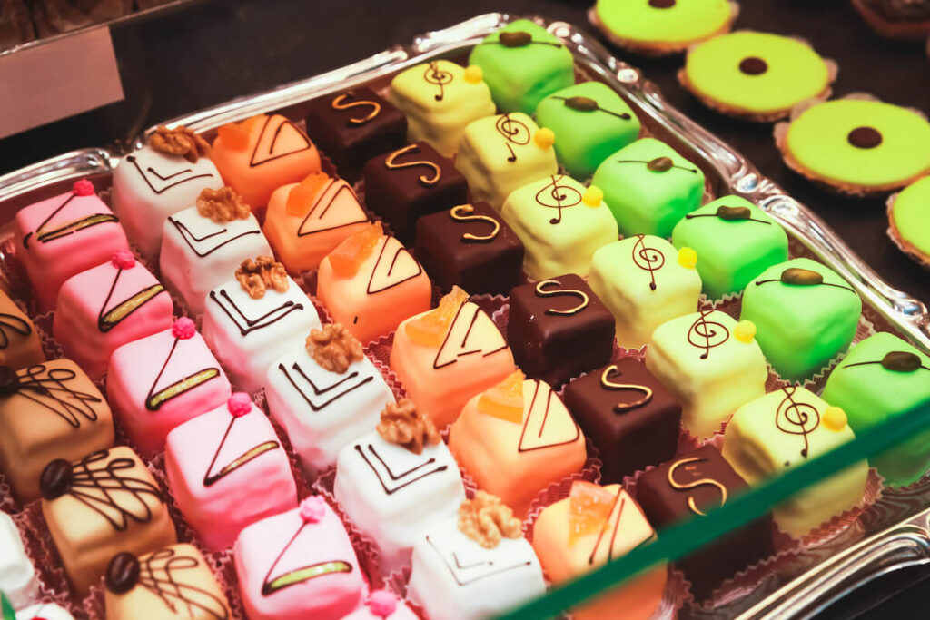 Colorful Swiss chocolates candies lay on a market counter