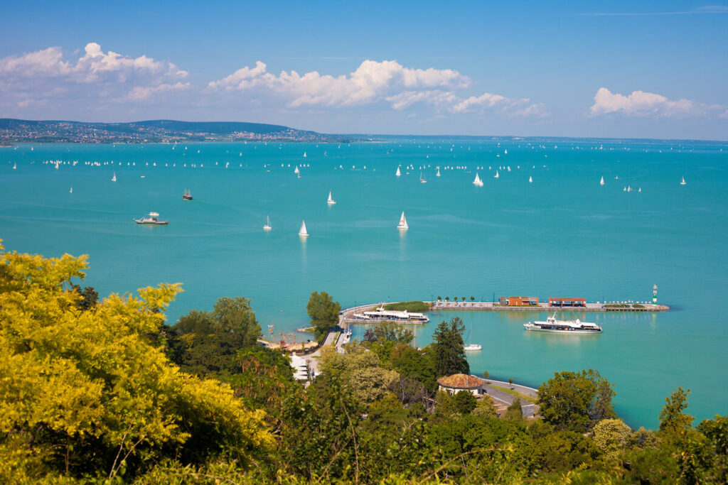 Lake Balaton with lots of sailboats from Tihany village in Hungary