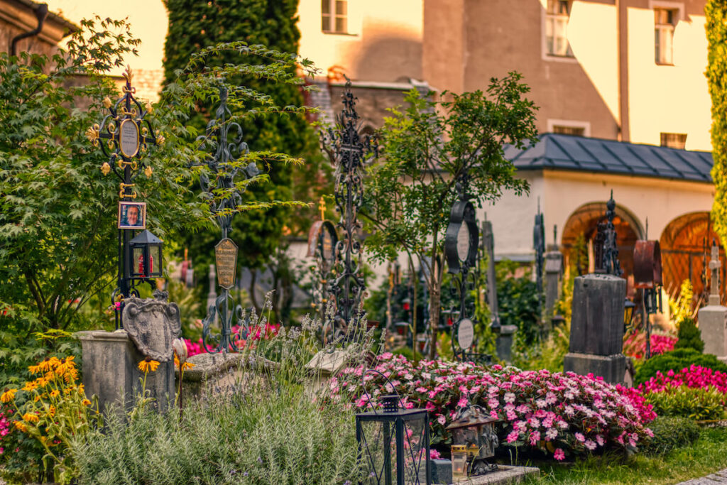 Petersfriedhof Salzburg cemetery with flowers and plants