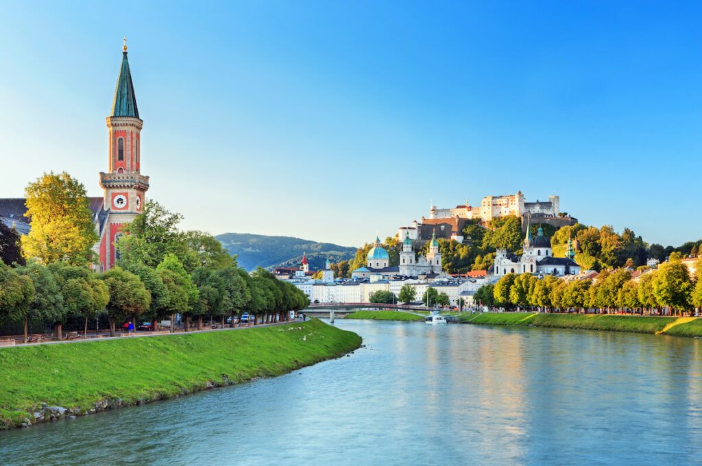 Beautiful view of Salzburg skyline with Festung Hohensalzburg and Salzach river