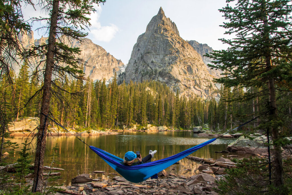 man in a hammock in Lone Eagle Peak