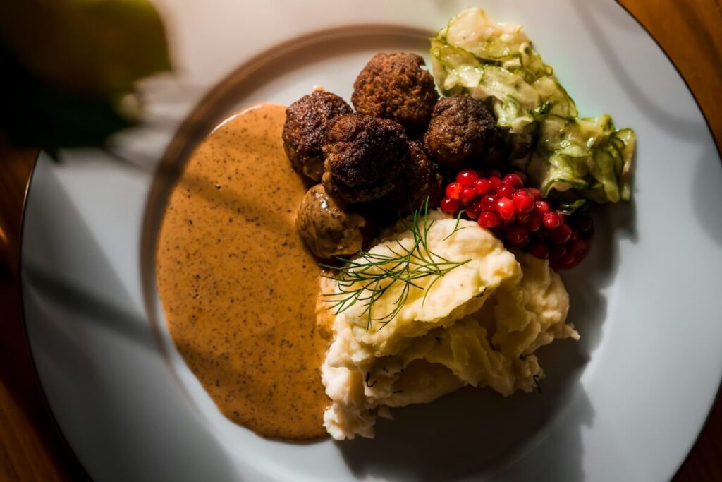 Swedish meatballs with mashed potatoes, gravy, and lingonberry jam