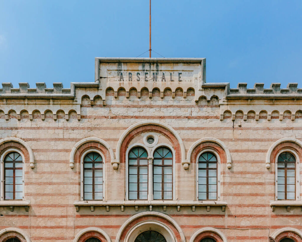 Facade and front entrance of the historical Arsenal of Verona, Italy