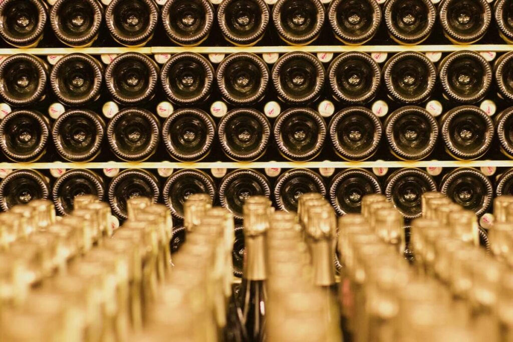 rows of franciacorta wine bottles