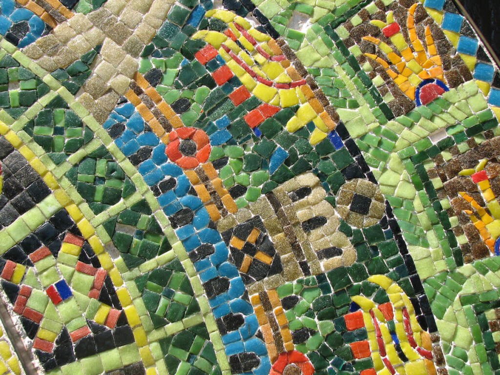 Close-up of colorful tile mosaic with Mexican indigenous pattern, Tucson, Arizona