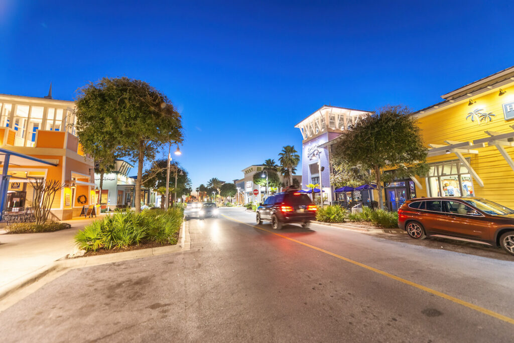 Port Lagoon streets and buildings at night