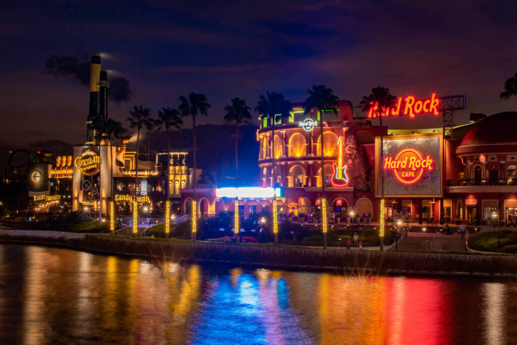 Illuminated Hard Rock Cafe and Chocolate Emporium restaurant at Universal Citywalk