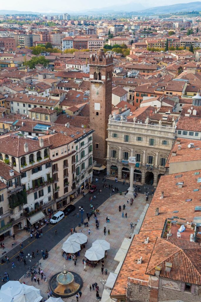 Aerial shot of Verona and Piazza Erbe from Torre dei Lamberti
