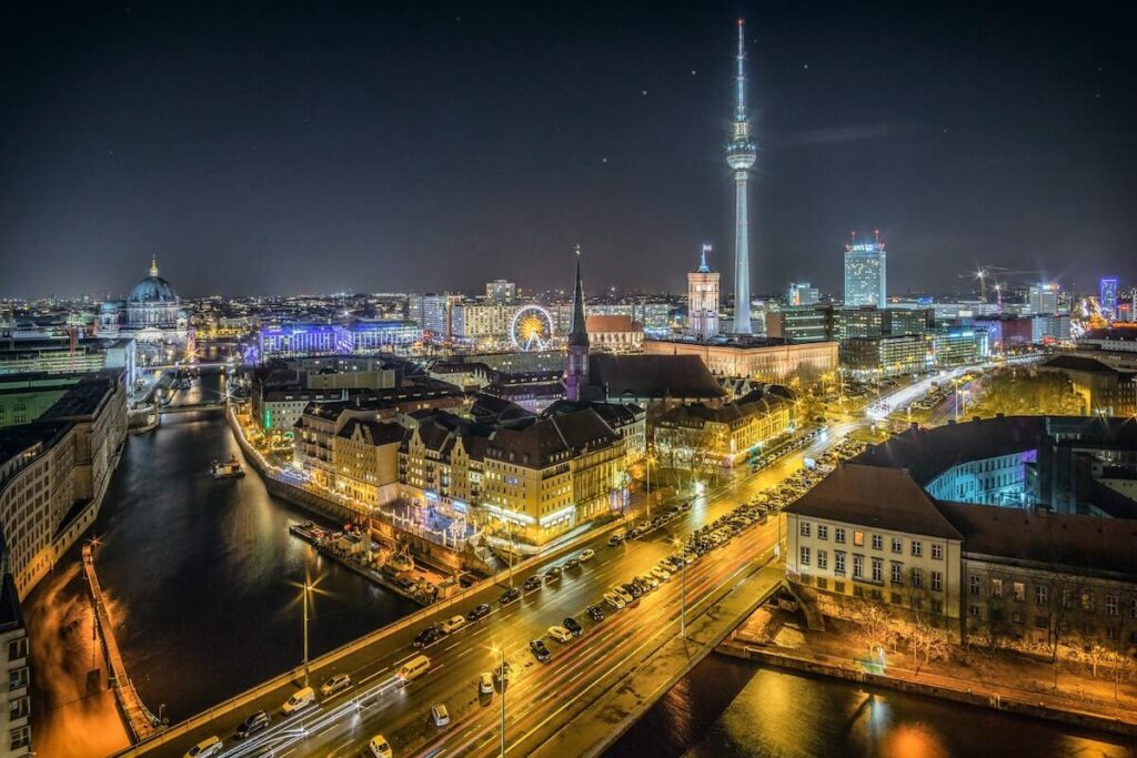 aerial nighttime view of Berlin, one of the most famous cities in Germany