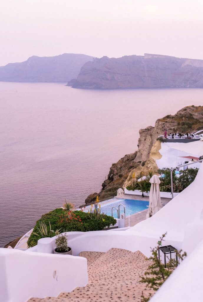 Infinity pool in Oia at last light