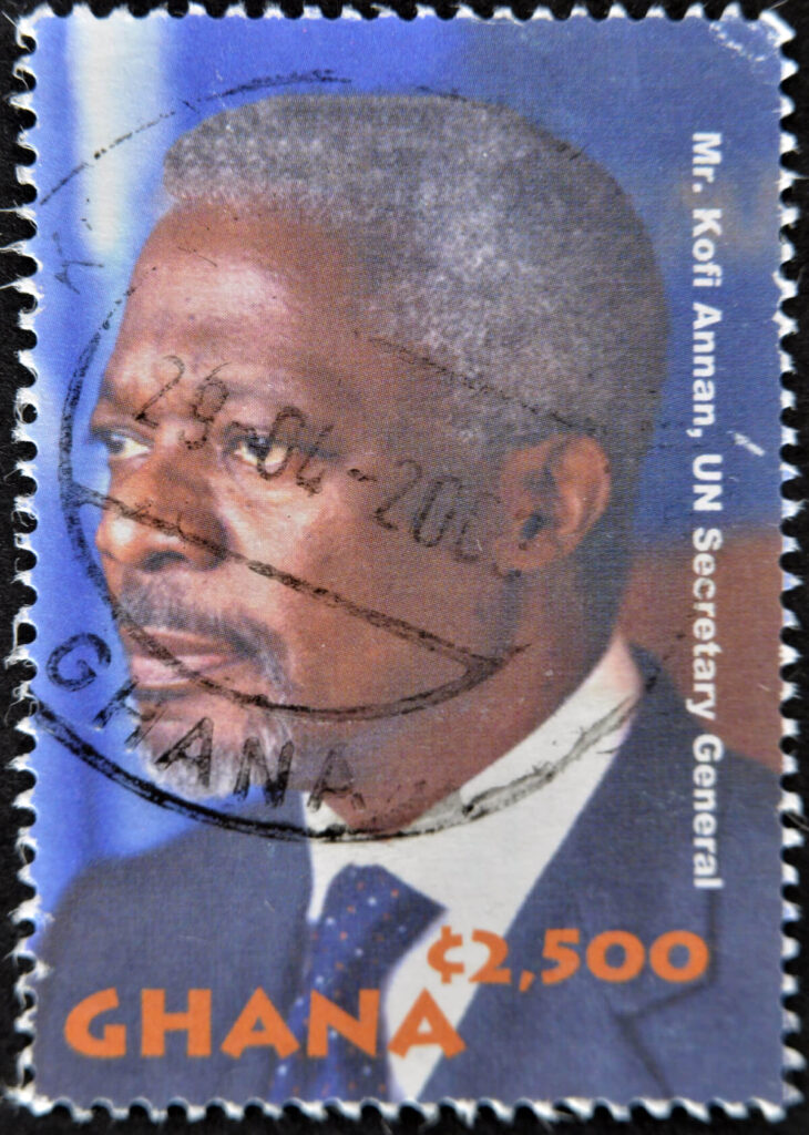 A stamp printed in ghana shows Kofi Annan, UN Secretary General