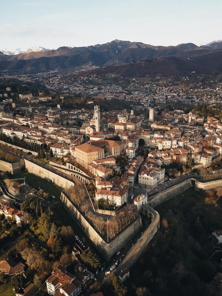 Birds-eye view to the old town of Bergamo