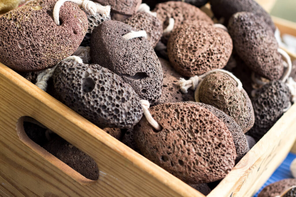 natural pumice stones in a wooden box