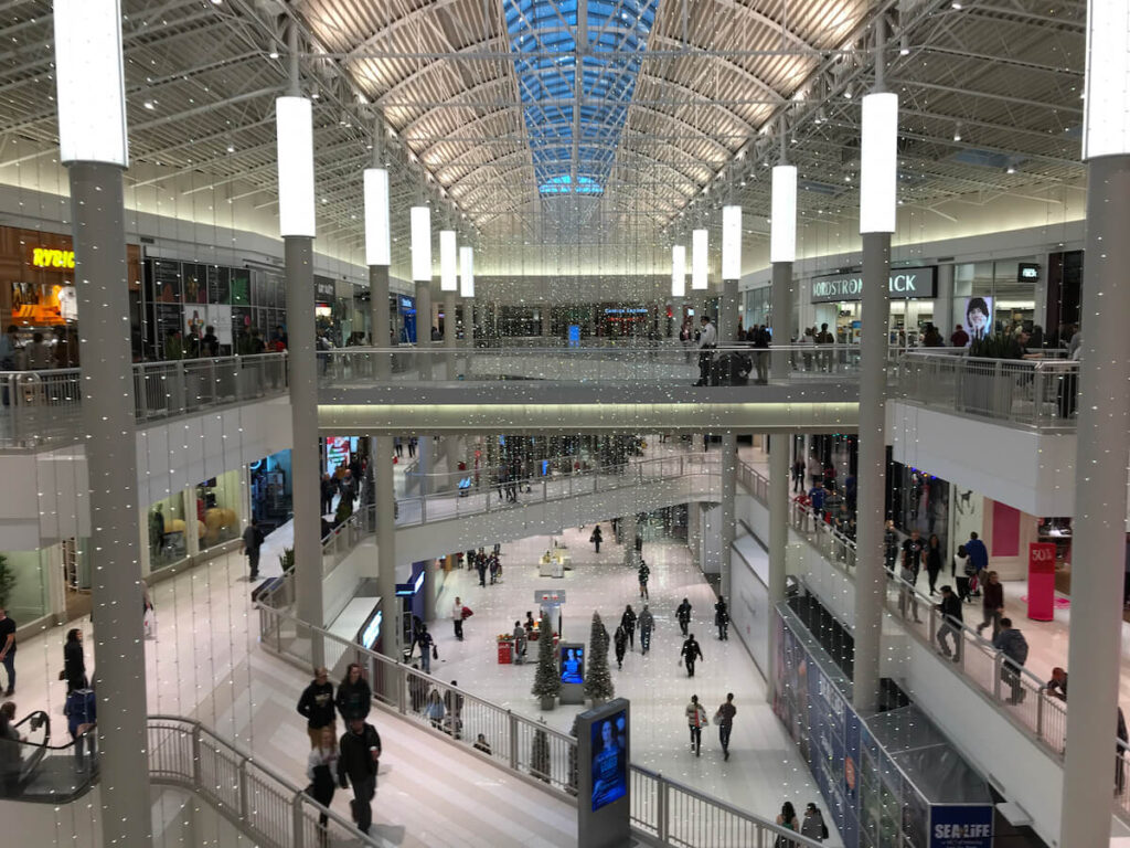 The interior of the Mall of America from the second level during the holiday season
