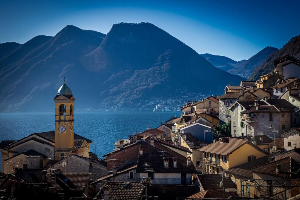 View of Lake Como with houses and mountain