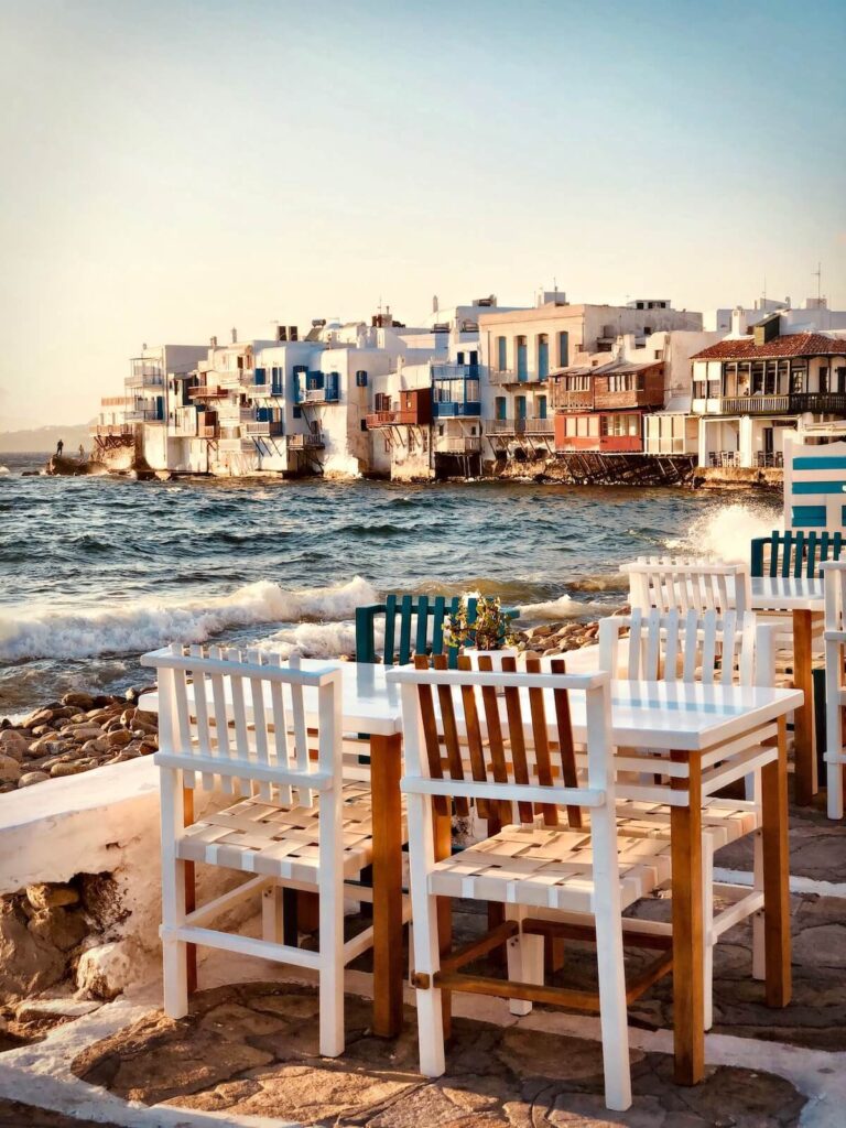 bar with colorful chairs in Little Venice, Mykonos
