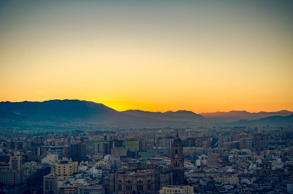 Panoramic view of sunset over Malaga City