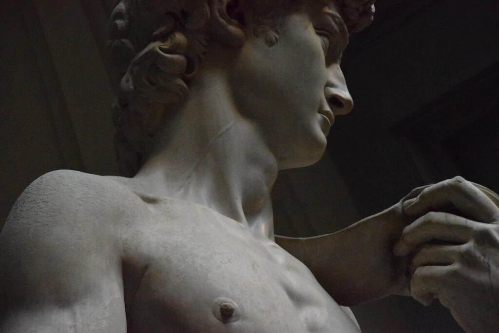 close up of Michelangelo’s David statue