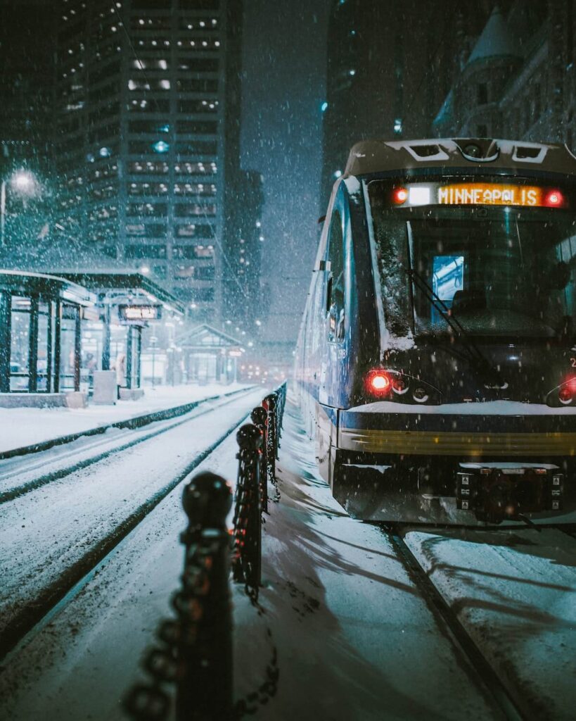Minneapolis tram on snowy city street