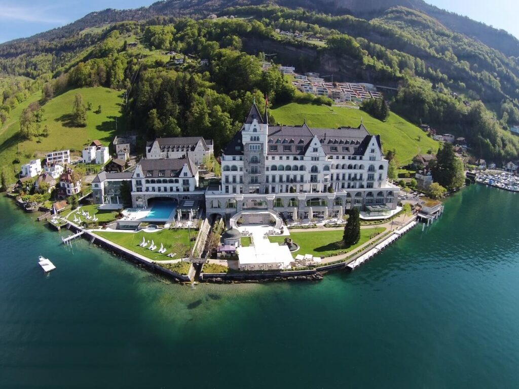 Aerial view of Park Hotel Vitznau and surrounding lake in Lucerne