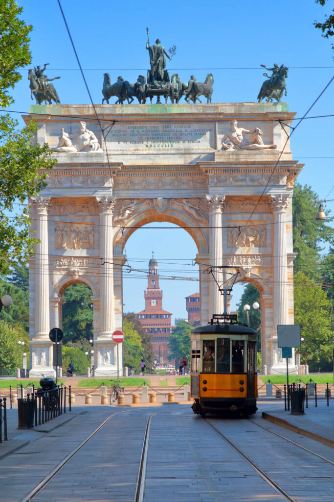 tram passing by Arch of Peace in Milan