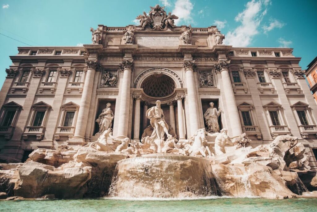 worm’s eye view of the Trevi Fountain in Rome