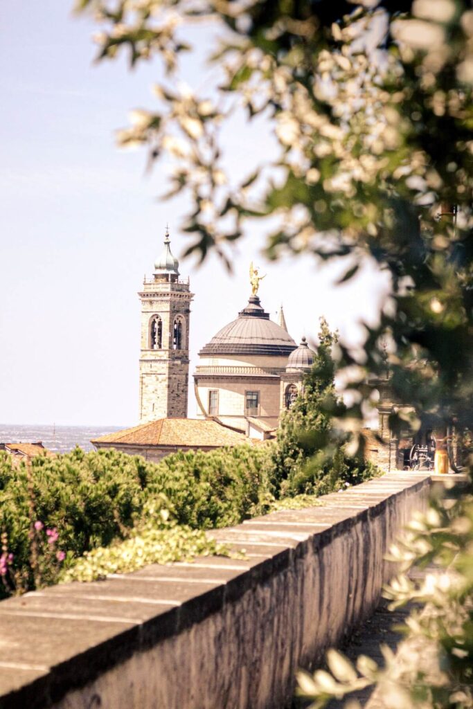A view of Bergamo campanile from the historic fort in the summer