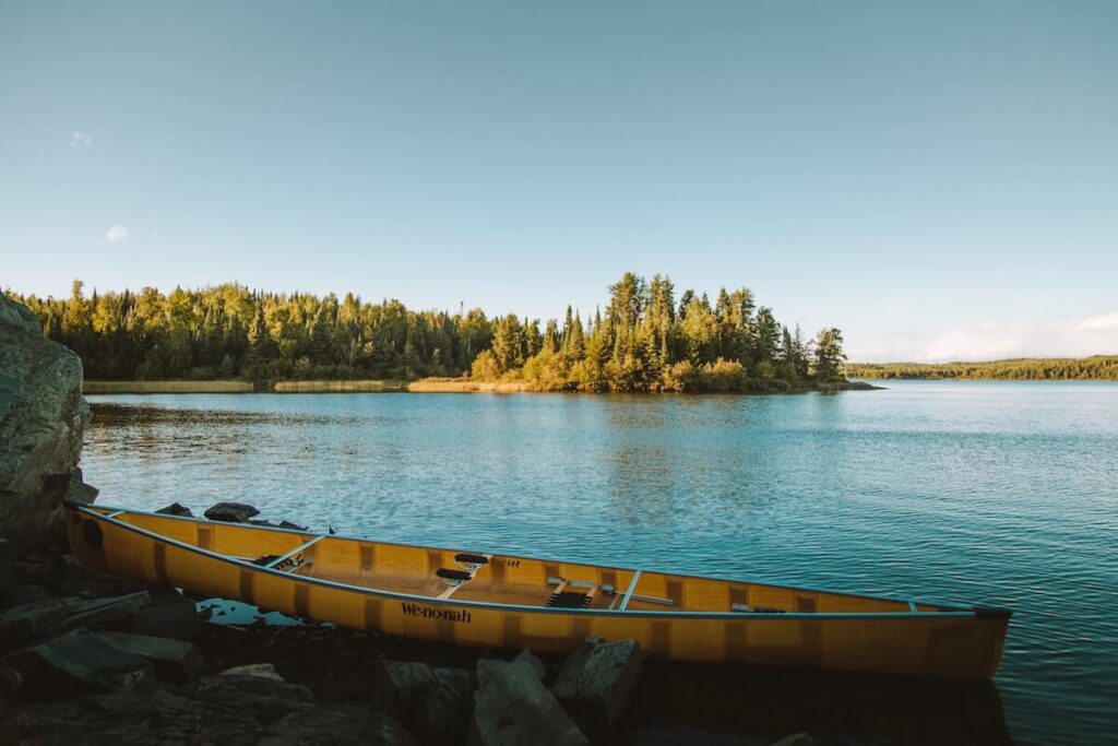 canoe parked on the side of Boundary Waters