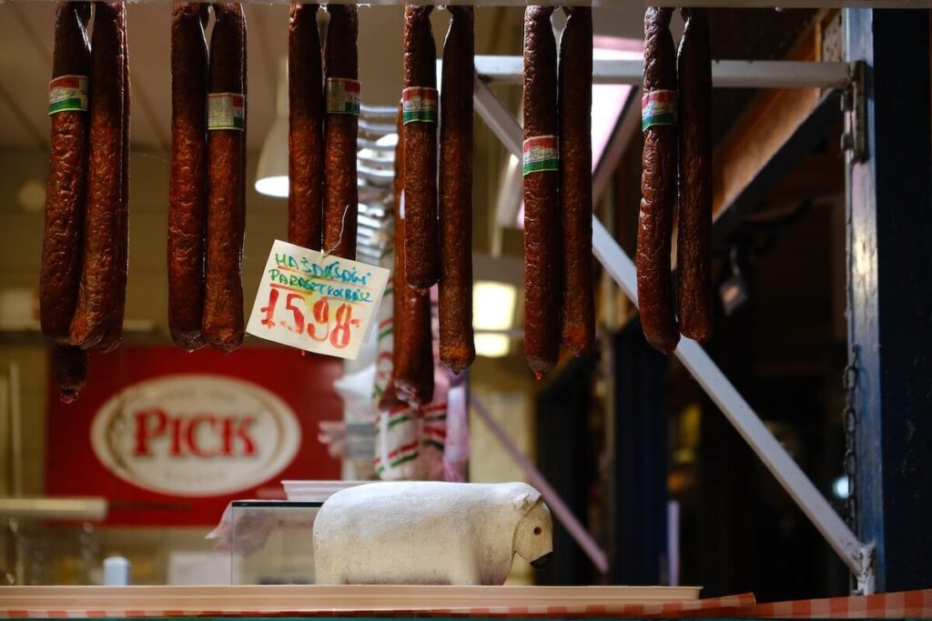 Traditional Hungarian sausages in Budapest market hall