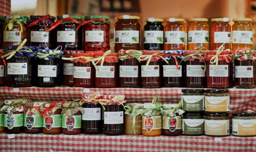 assorted bottles of jam in Budapest market
