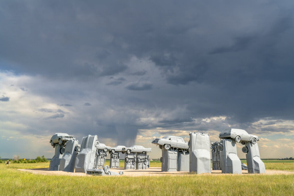 Carhenge - famous car sculpture created by Jim Reinders, a modern replica of England's Stonehenge using old cars