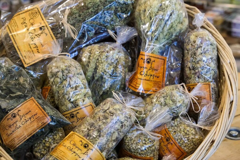 Tea and herbs for sale in grocery market in Athens. Herbs are among the best souvenirs from Greece.