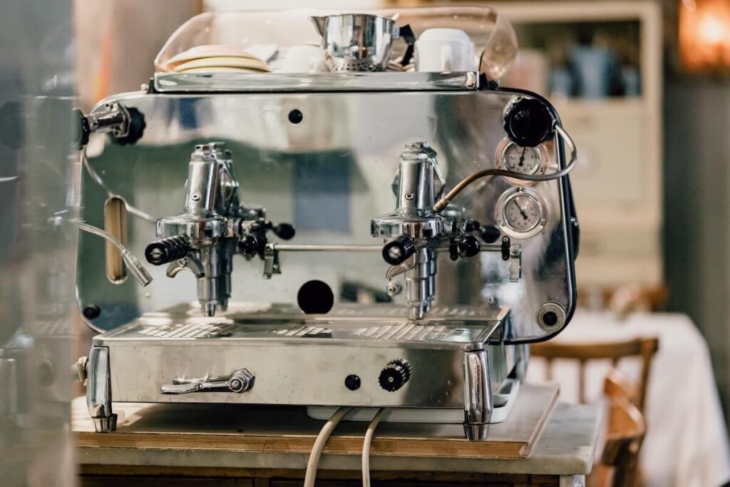 An old-fashioned espresso machine in an Italian trattoria