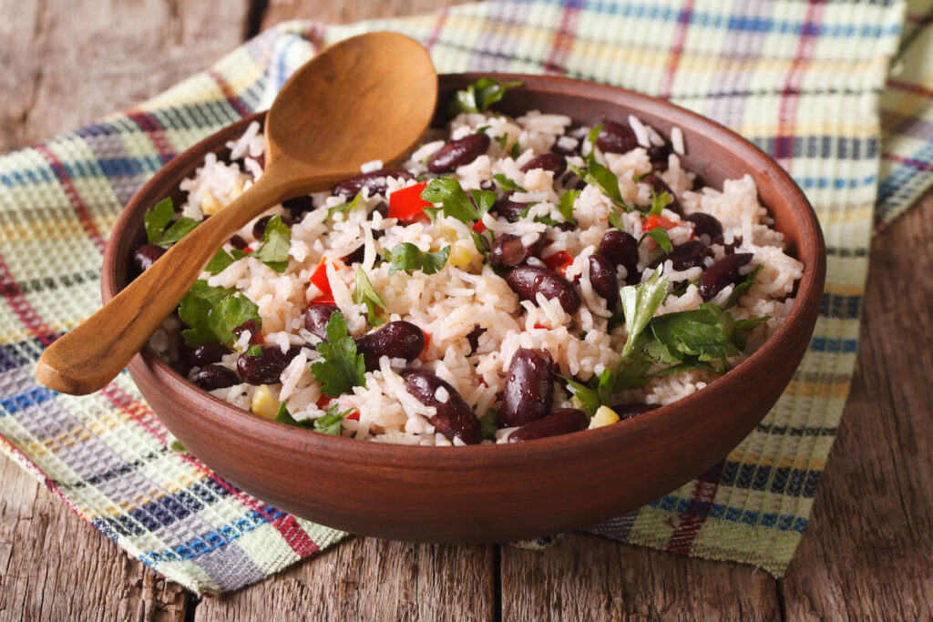 rice with red beans in a bowl close-up on the table
